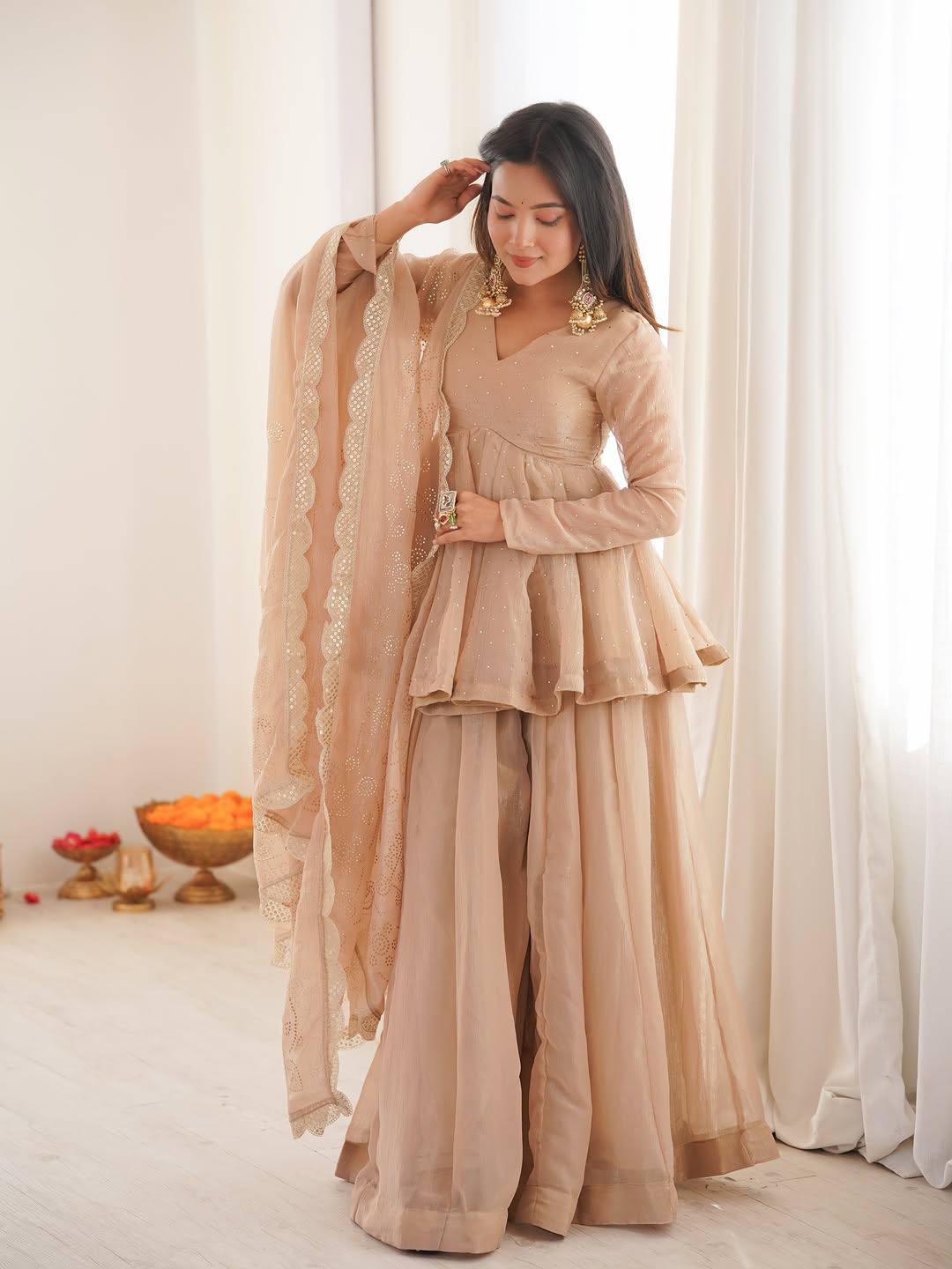 Women's Tabby Organza Mukaish Work Sharara Palazzo Set with Dupatta