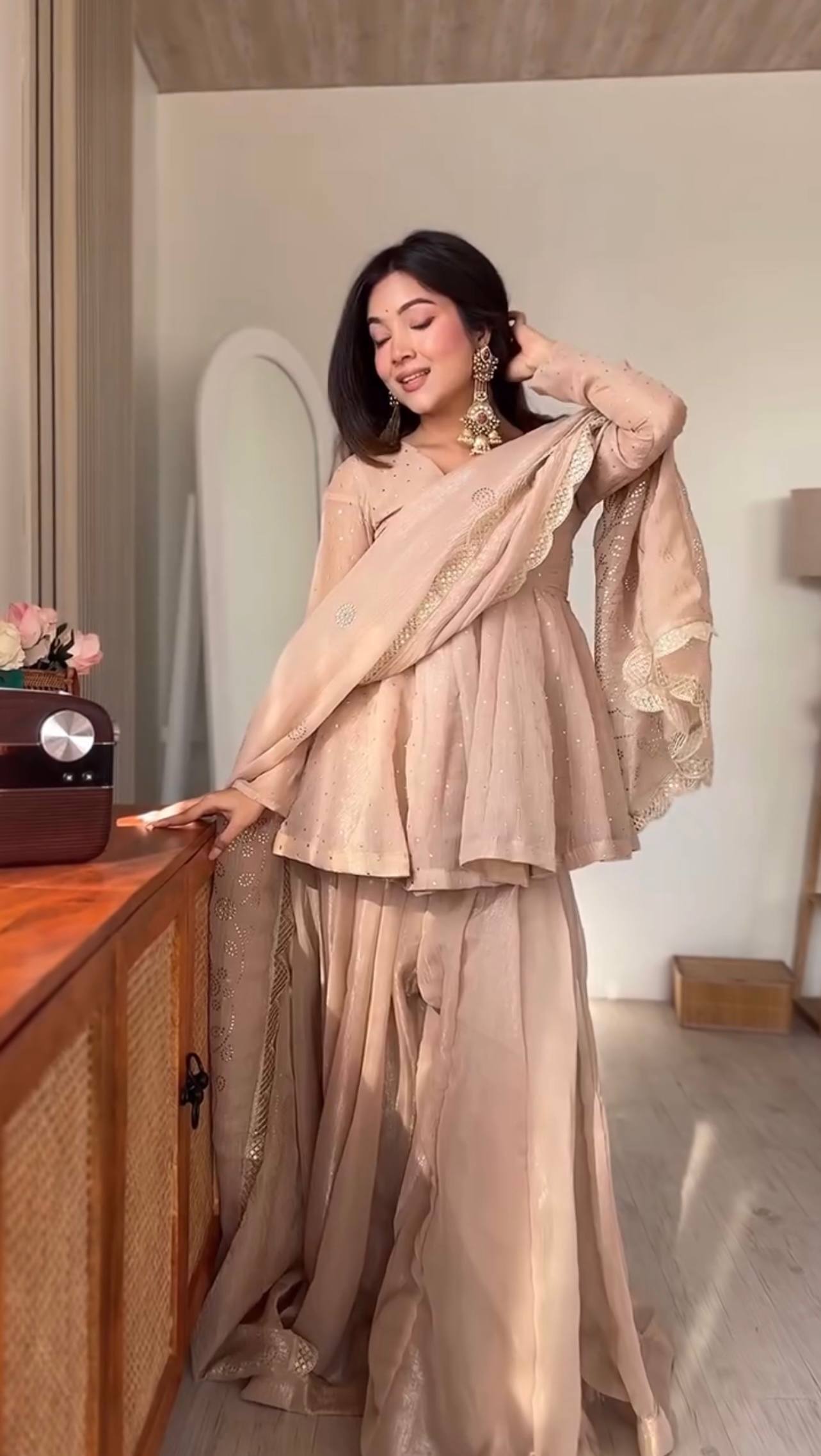 Women's Tabby Organza Mukaish Work Sharara Palazzo Set with Dupatta