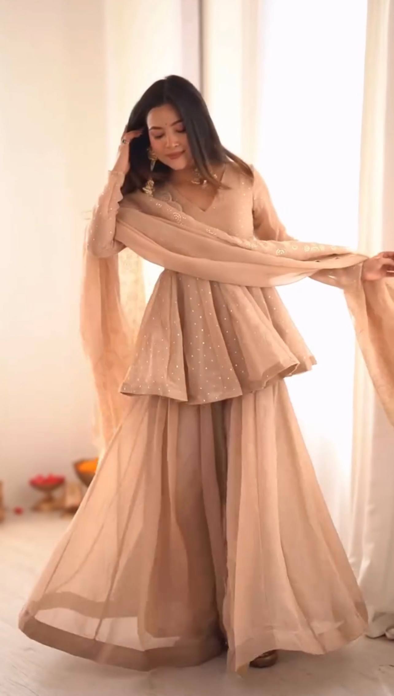 Women's Tabby Organza Mukaish Work Sharara Palazzo Set with Dupatta