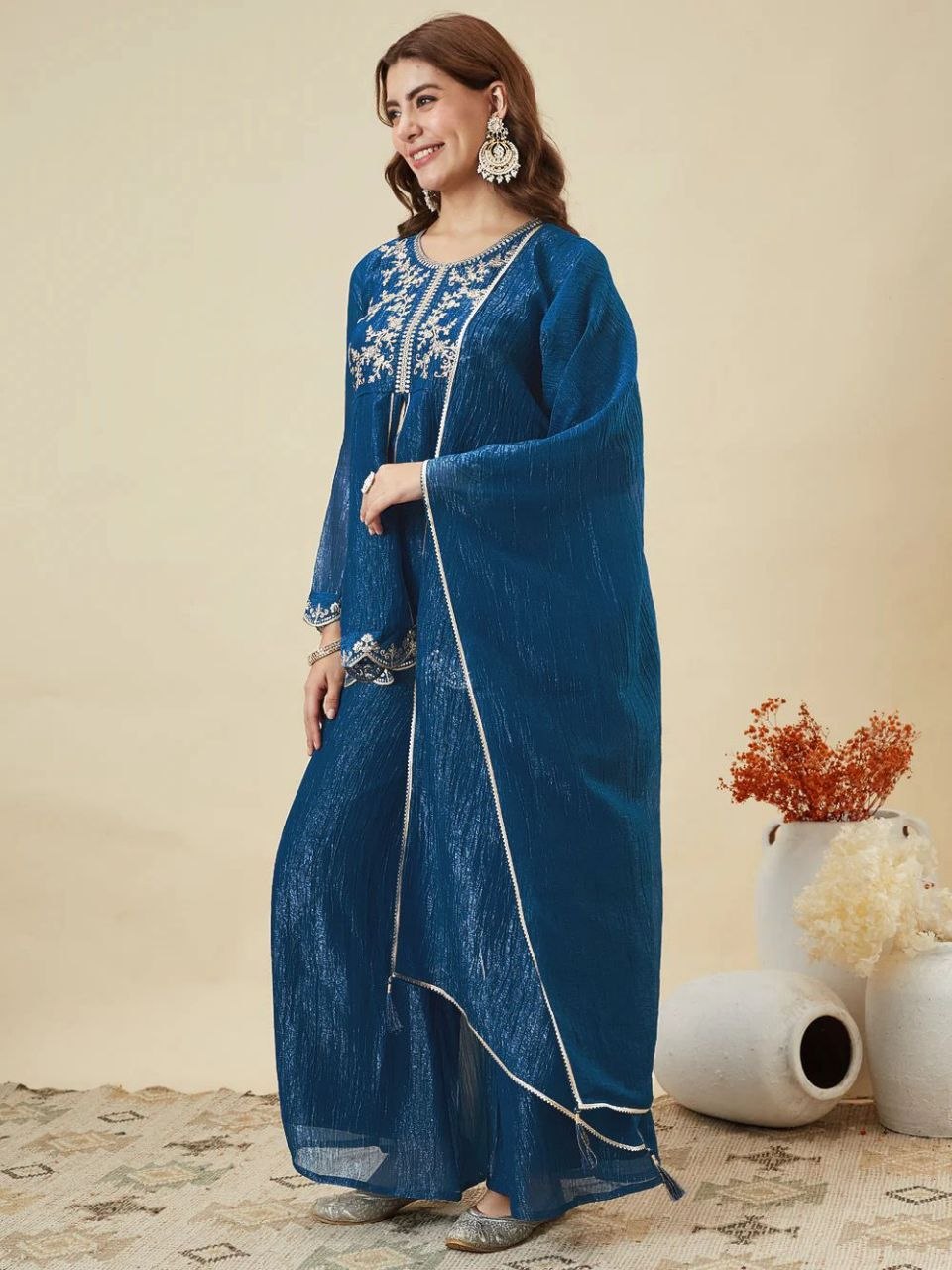 Premium Crunchy Silk Embroidered Kurta Palazzo Set with Dupatta