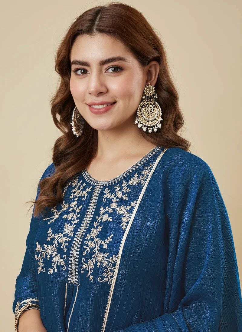 Premium Crunchy Silk Embroidered Kurta Palazzo Set with Dupatta