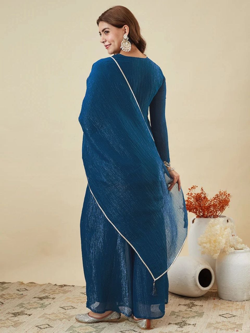 Premium Crunchy Silk Embroidered Kurta Palazzo Set with Dupatta