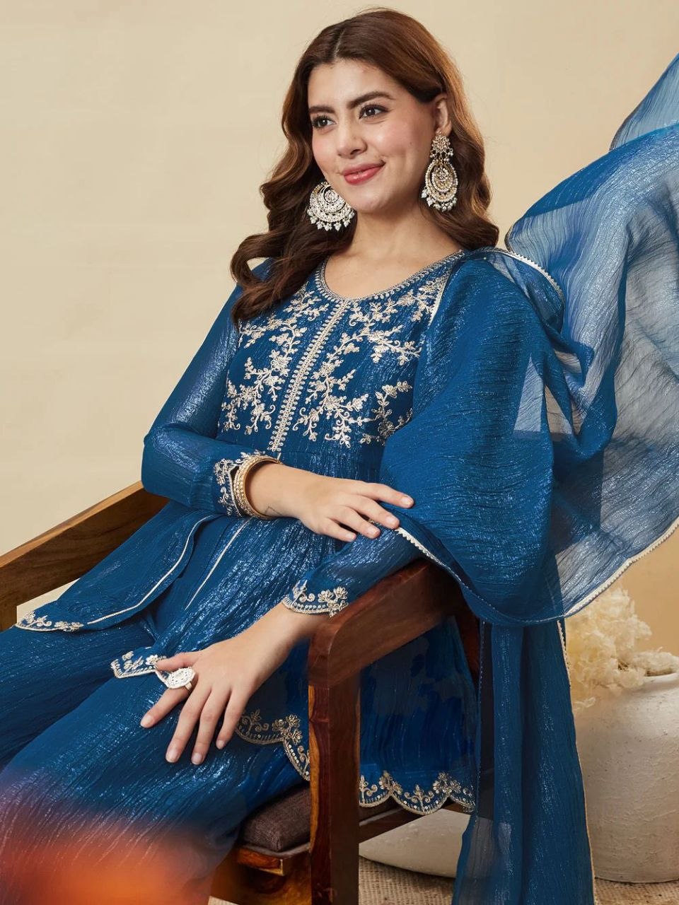 Premium Crunchy Silk Embroidered Kurta Palazzo Set with Dupatta