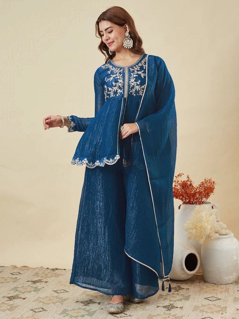 Premium Crunchy Silk Embroidered Kurta Palazzo Set with Dupatta
