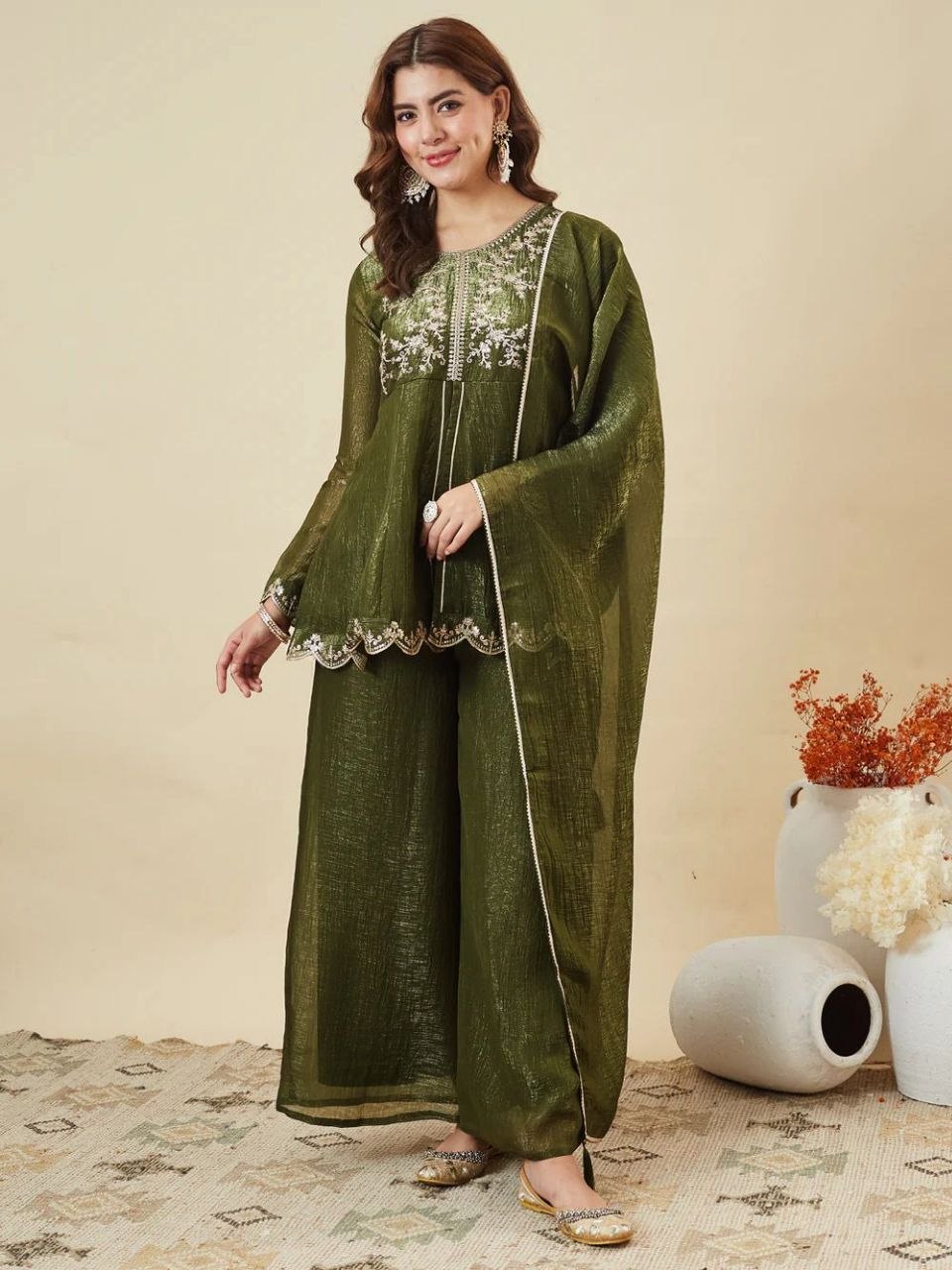 Premium Crunchy Silk Embroidered Kurta Palazzo Set with Dupatta
