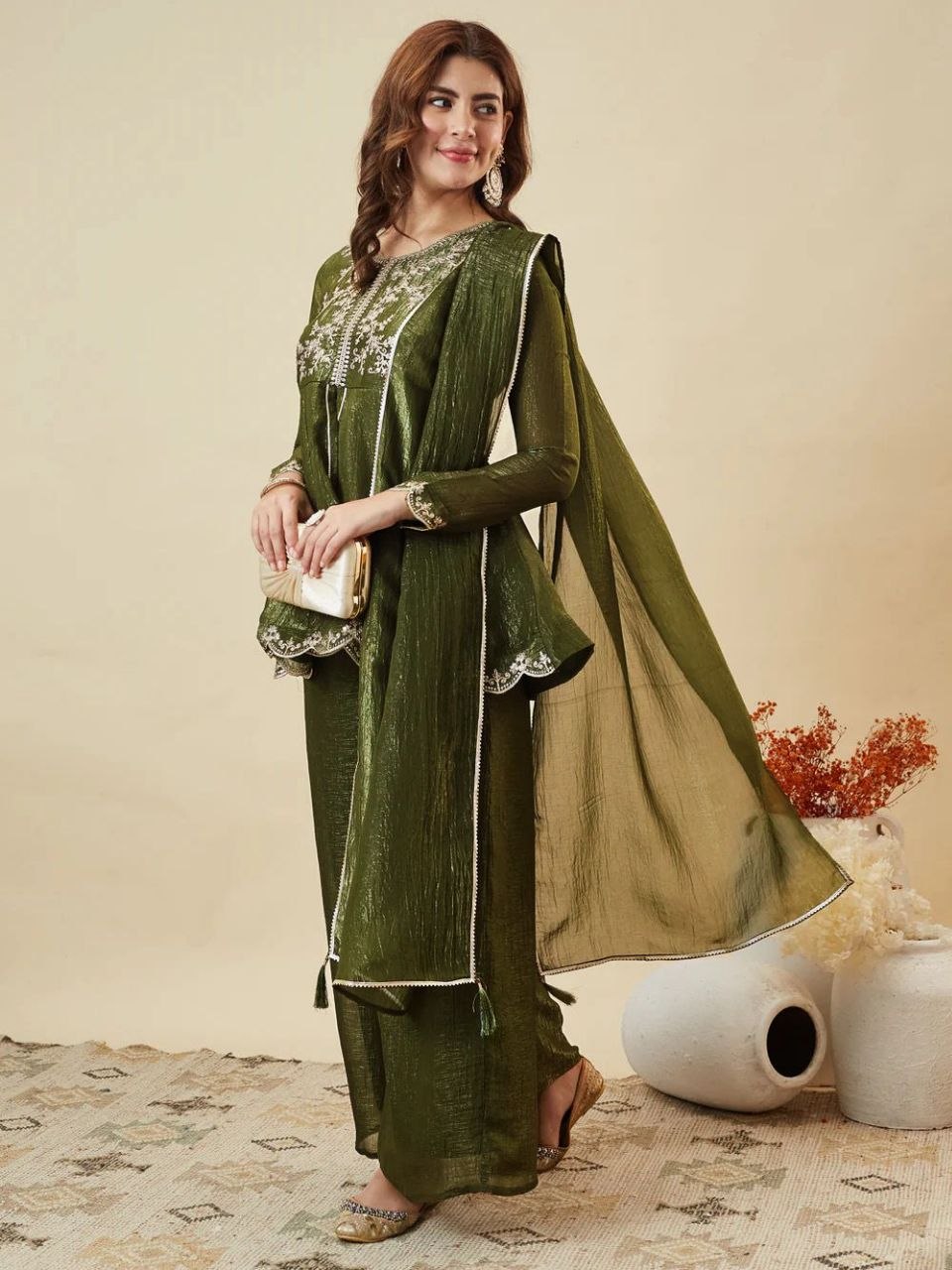 Premium Crunchy Silk Embroidered Kurta Palazzo Set with Dupatta