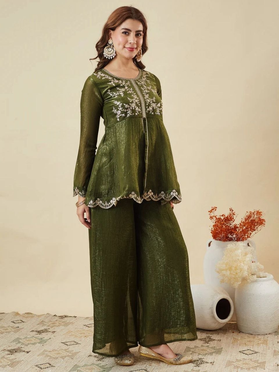 Premium Crunchy Silk Embroidered Kurta Palazzo Set with Dupatta