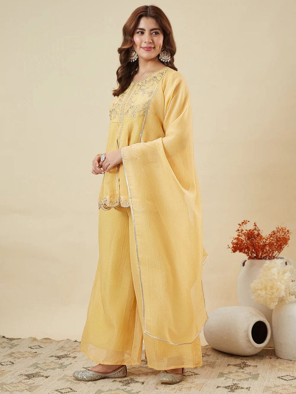 Premium Crunchy Silk Embroidered Kurta Palazzo Set with Dupatta