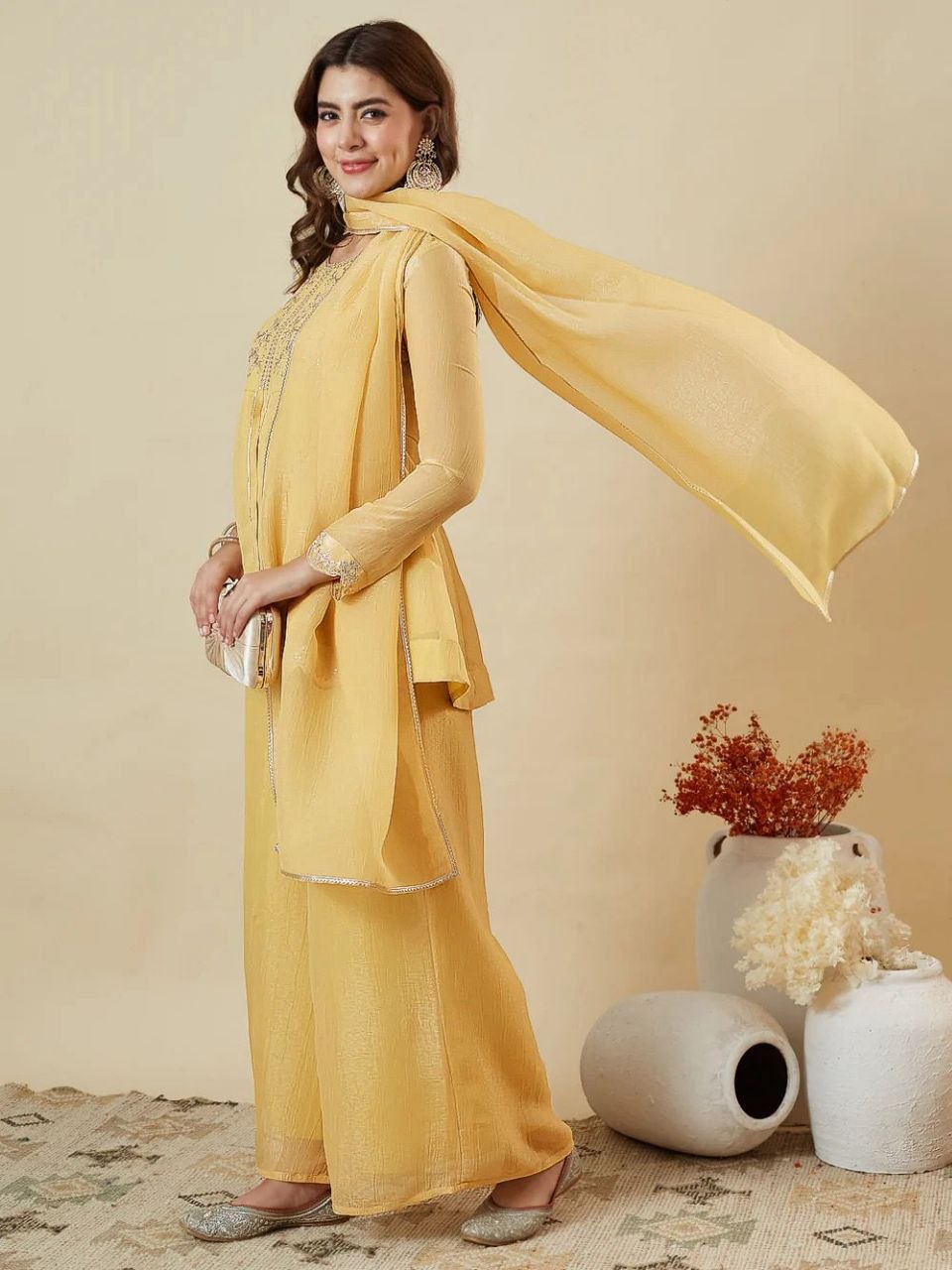 Premium Crunchy Silk Embroidered Kurta Palazzo Set with Dupatta