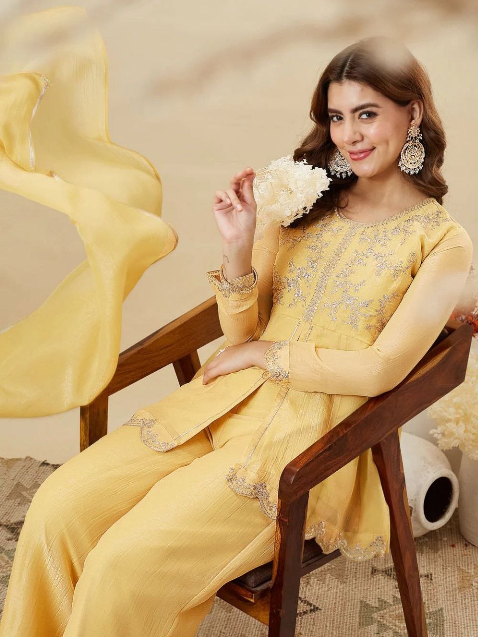 Premium Crunchy Silk Embroidered Kurta Palazzo Set with Dupatta