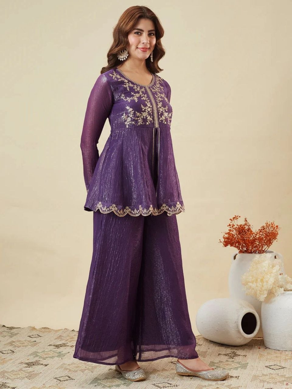 Premium Crunchy Silk Embroidered Kurta Palazzo Set with Dupatta