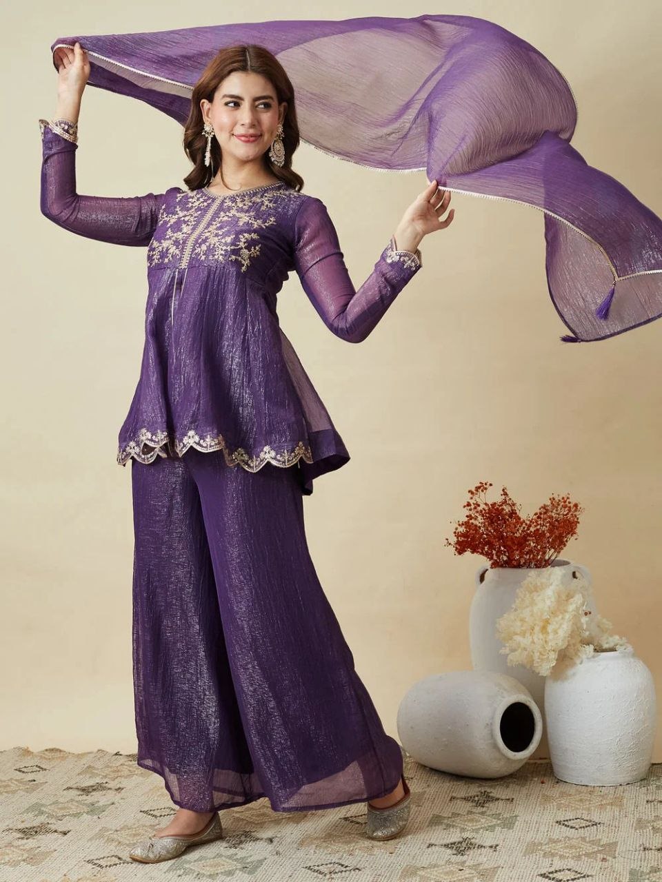 Premium Crunchy Silk Embroidered Kurta Palazzo Set with Dupatta
