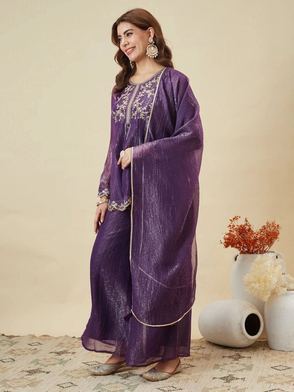 Premium Crunchy Silk Embroidered Kurta Palazzo Set with Dupatta