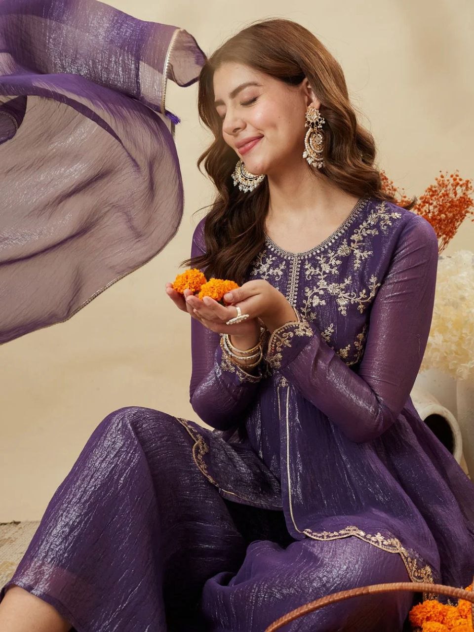 Premium Crunchy Silk Embroidered Kurta Palazzo Set with Dupatta