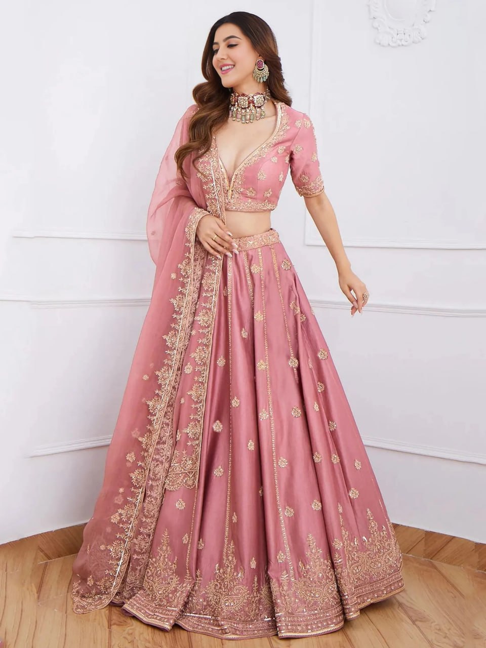 Women's Malai Satin Embroidered Sequence Lehenga Choli with Organza Dupatta