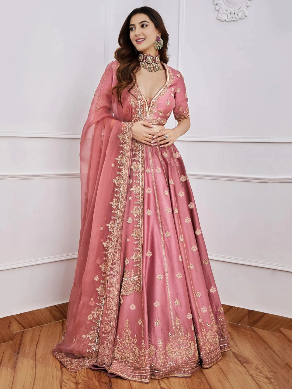 Women's Malai Satin Embroidered Sequence Lehenga Choli with Organza Dupatta