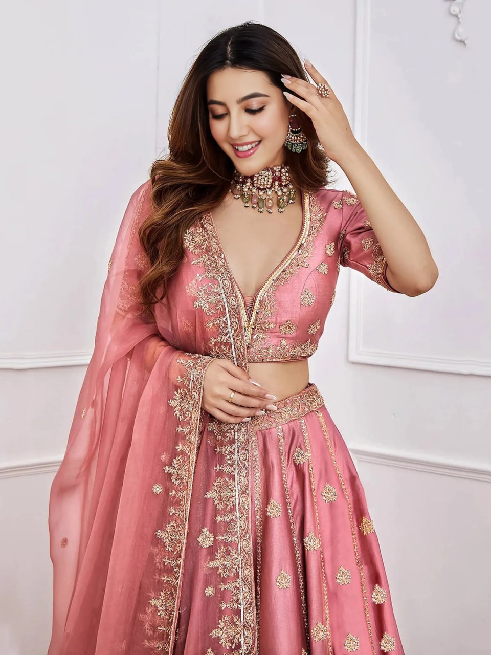 Women's Malai Satin Embroidered Sequence Lehenga Choli with Organza Dupatta