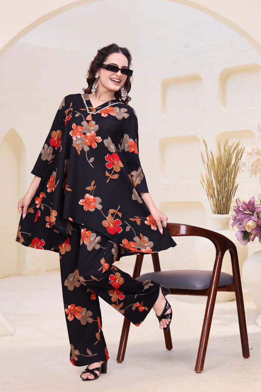 Black Printed Delta Fabric Co-Ord Set with V Neck
