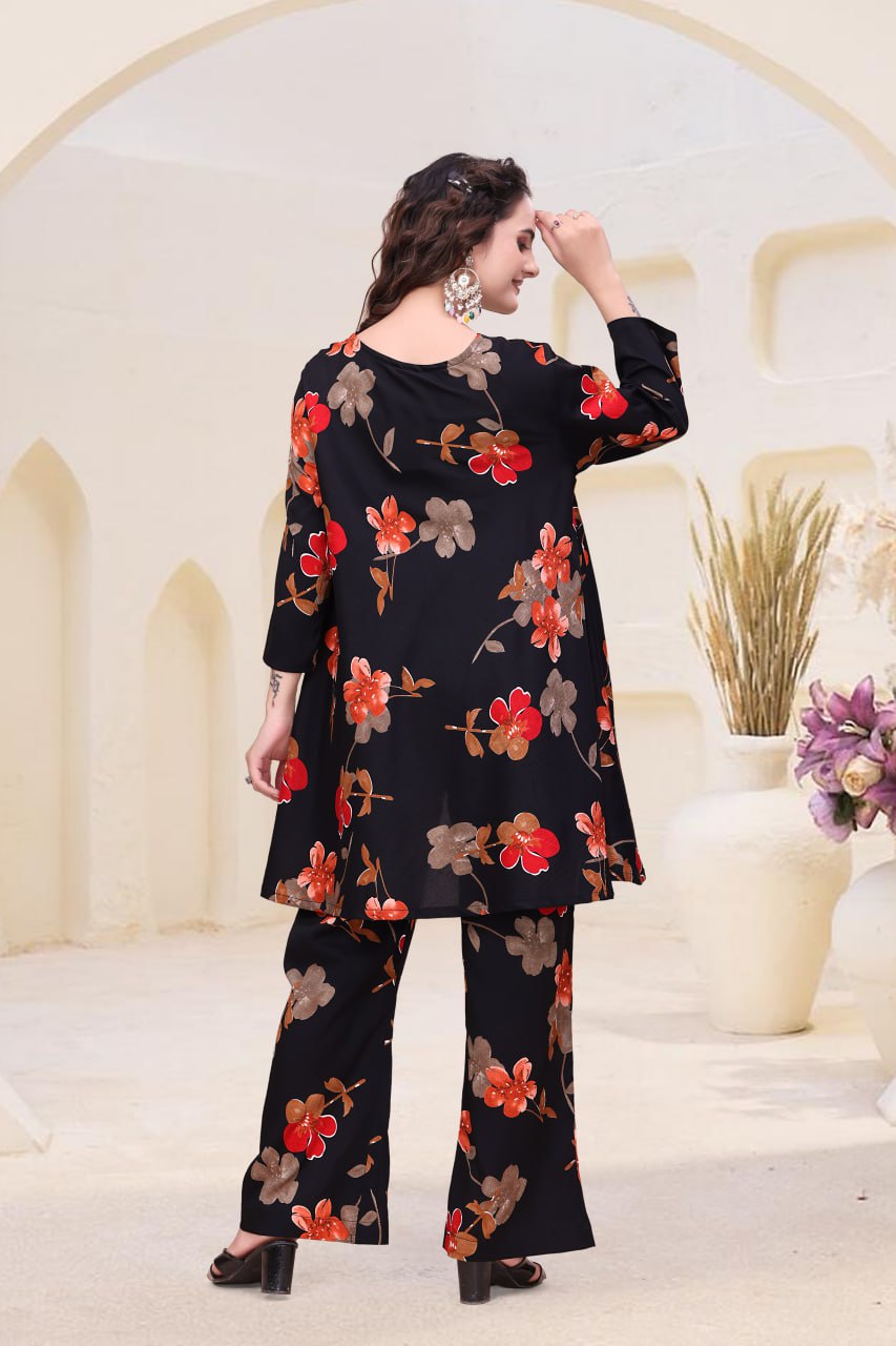 Black Printed Delta Fabric Co-Ord Set with V Neck