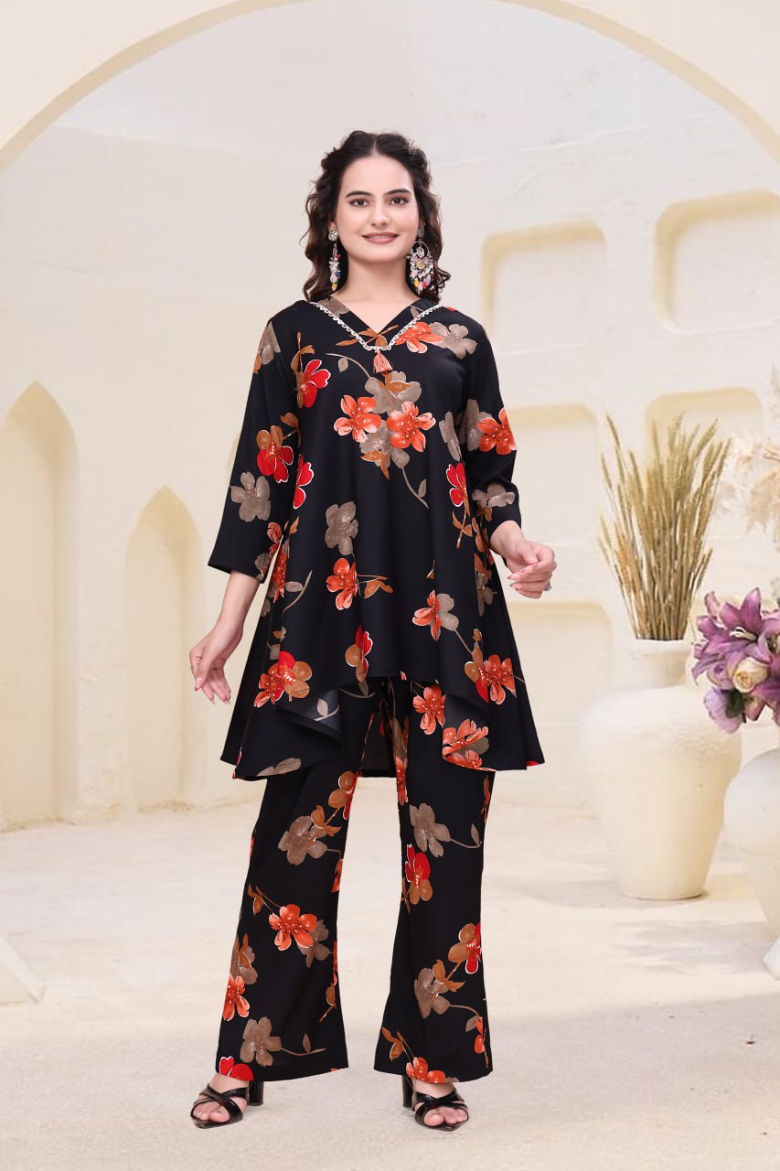 Black Printed Delta Fabric Co-Ord Set with V Neck