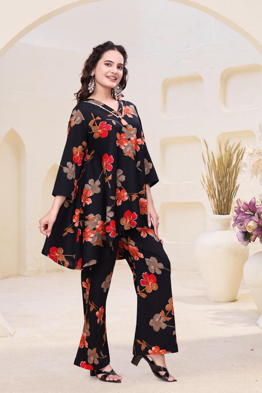 Black Printed Delta Fabric Co-Ord Set with V Neck