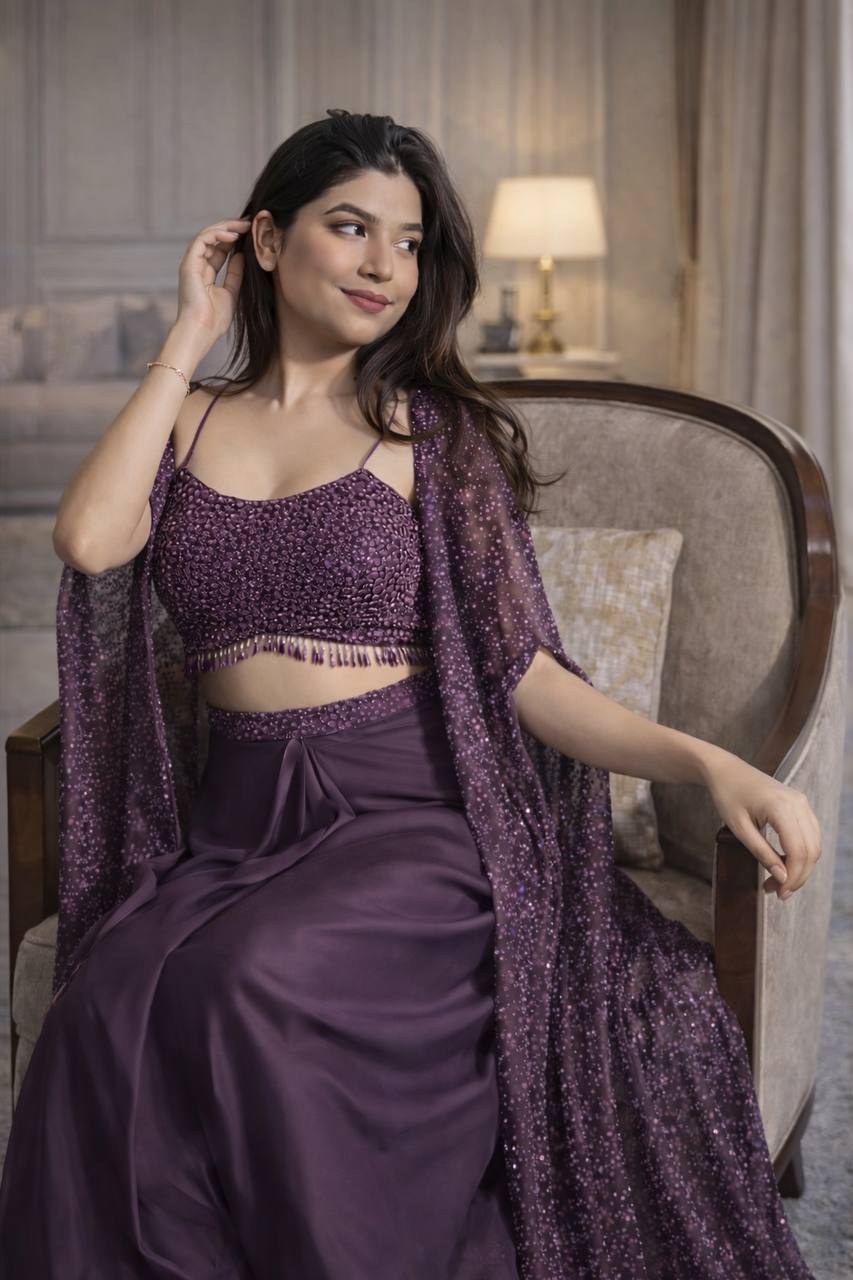 Women's Crepe Silk Indo-Western Dhoti Skirt Set with Embroidered Shrug