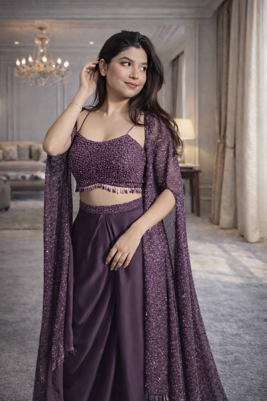 Women's Crepe Silk Indo-Western Dhoti Skirt Set with Embroidered Shrug