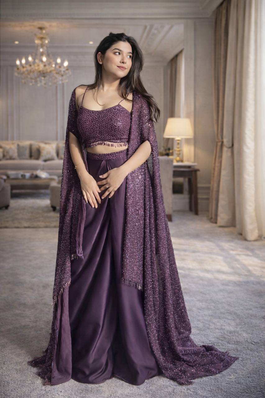Women's Crepe Silk Indo-Western Dhoti Skirt Set with Embroidered Shrug