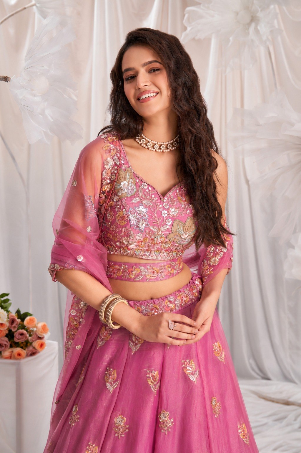 Women's Fandy Embroidered Semi-Stitched Lehenga Choli with Net Dupatta