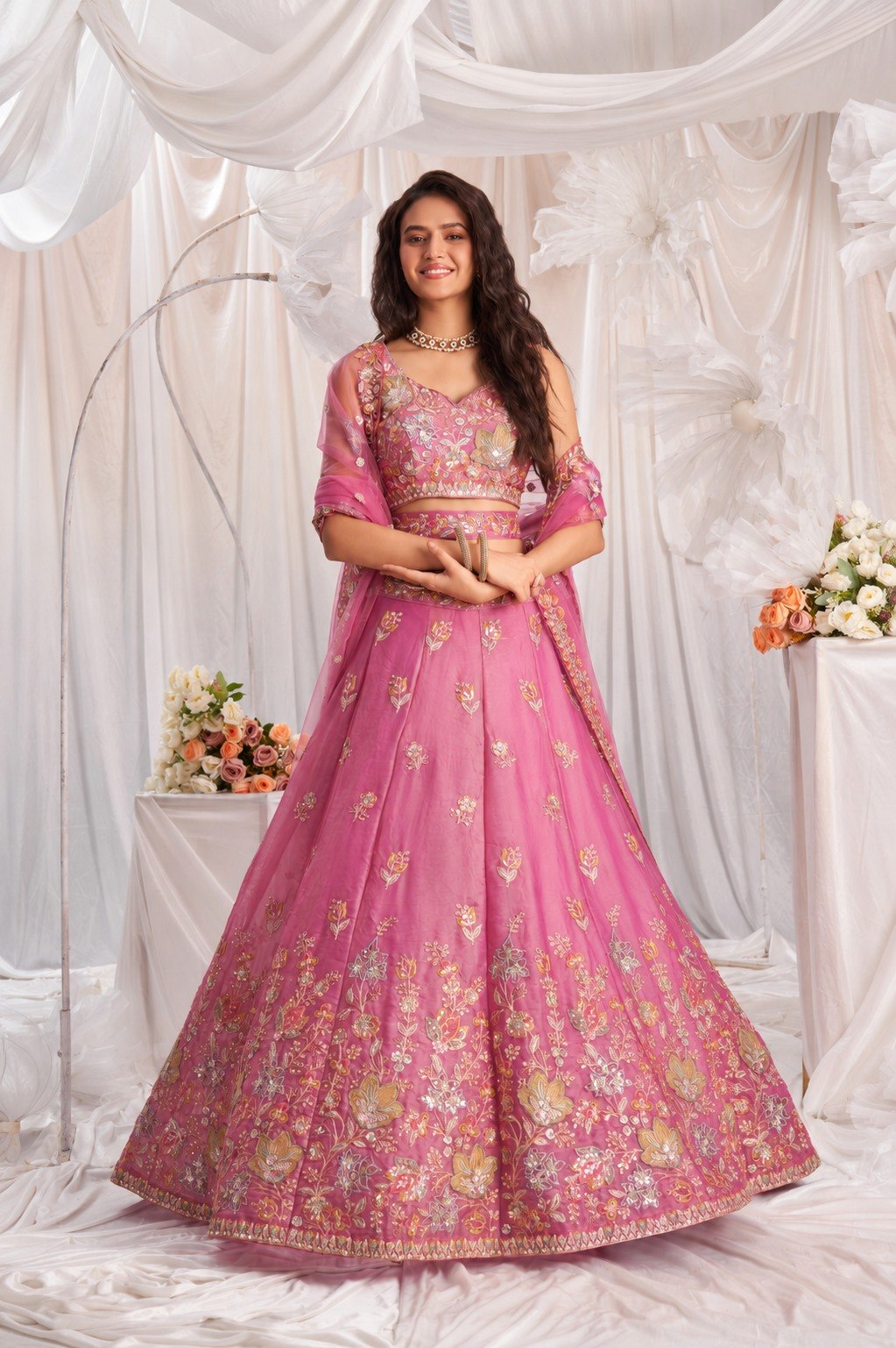 Women's Fandy Embroidered Semi-Stitched Lehenga Choli with Net Dupatta