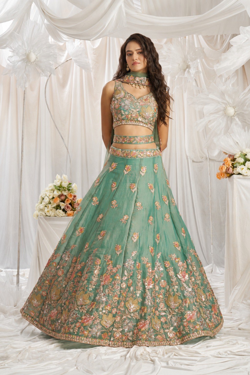 Women's Fandy Embroidered Semi-Stitched Lehenga Choli with Net Dupatta