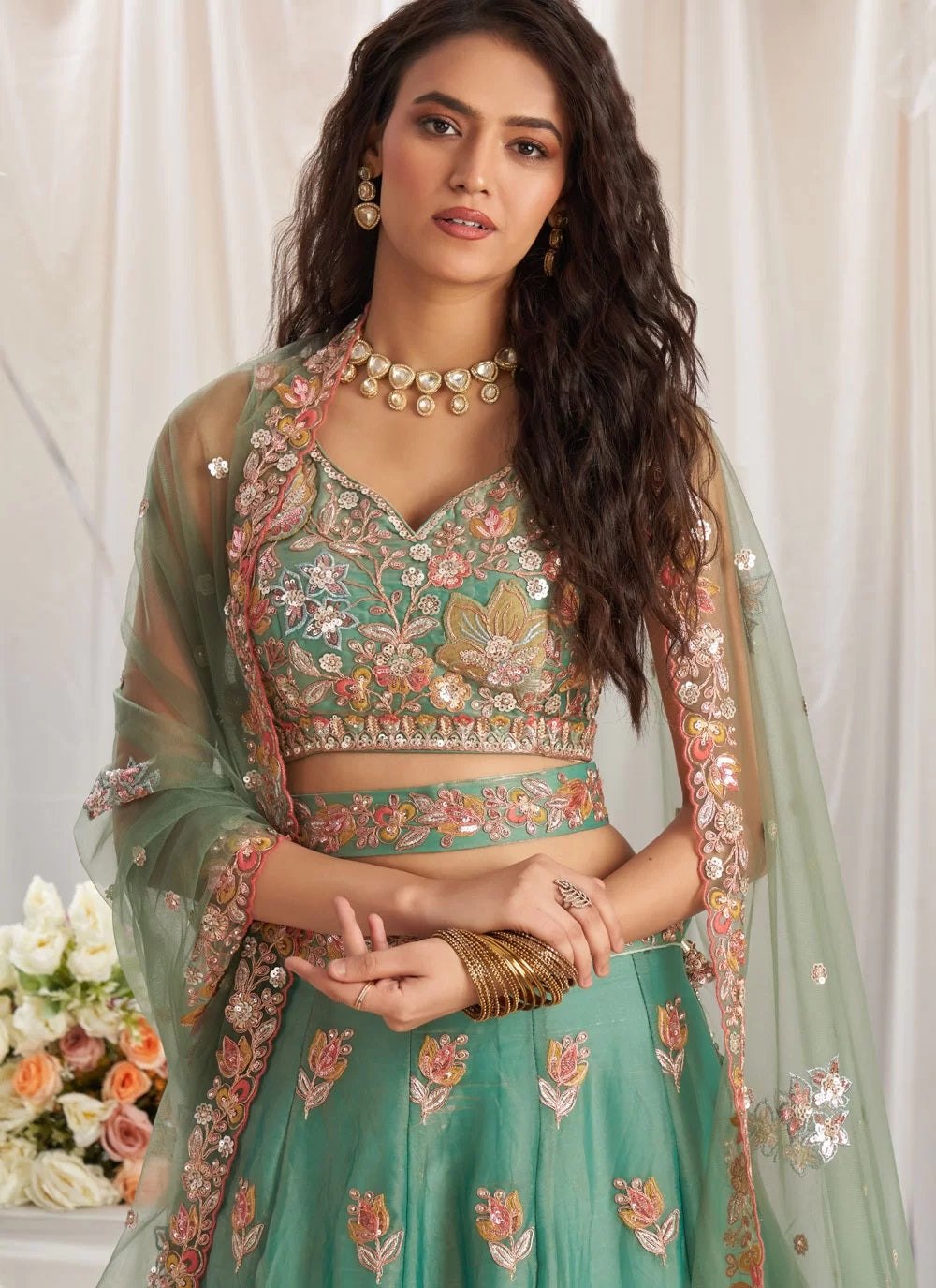 Women's Fandy Embroidered Semi-Stitched Lehenga Choli with Net Dupatta