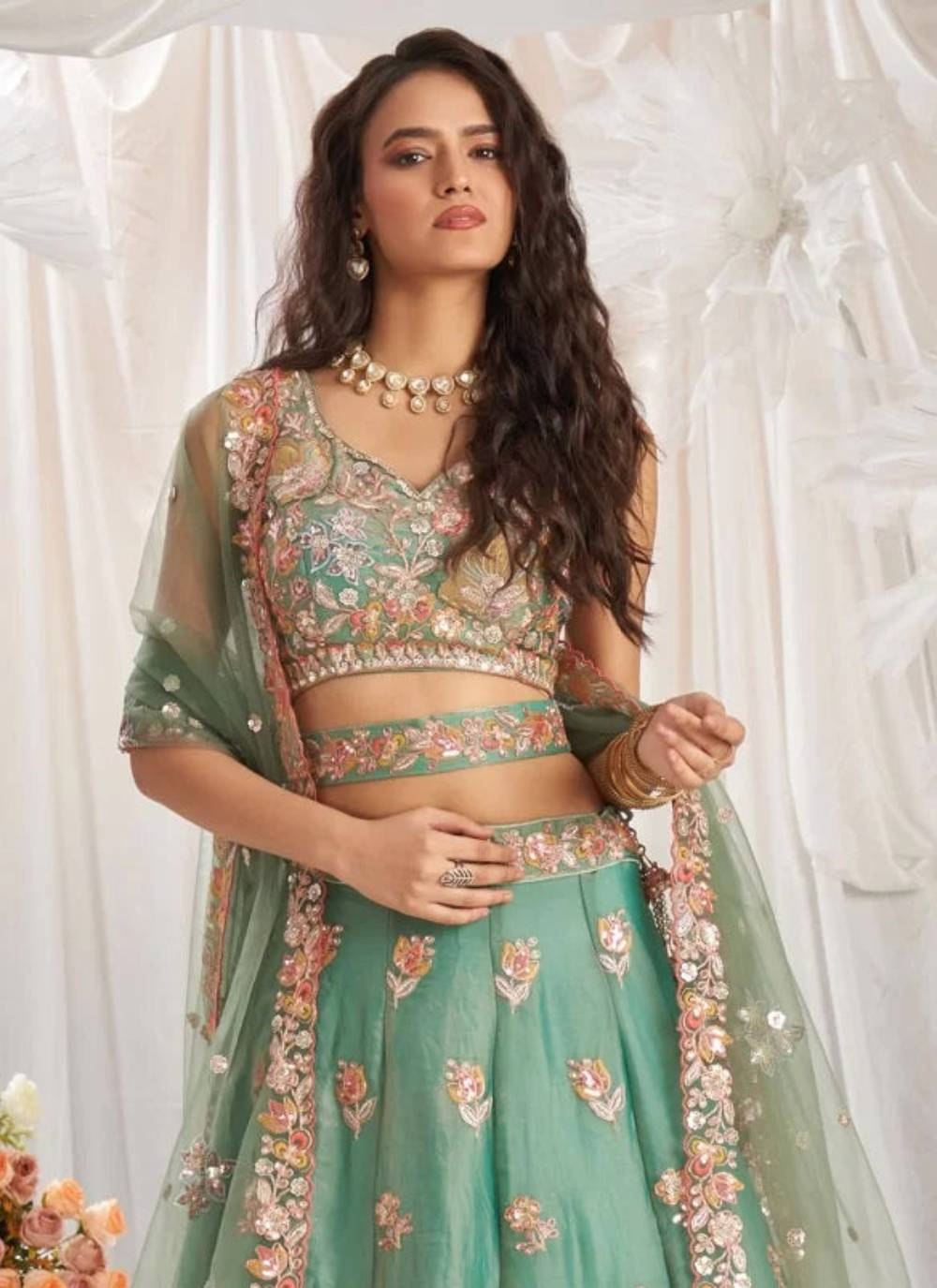 Women's Fandy Embroidered Semi-Stitched Lehenga Choli with Net Dupatta