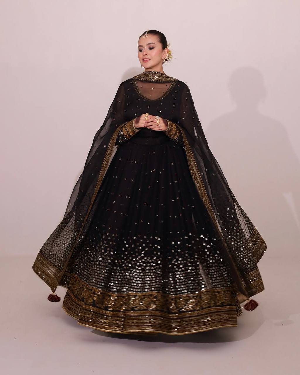 Women's Butterfly Net Embroidered Anarkali Set with Pant and Dupatta