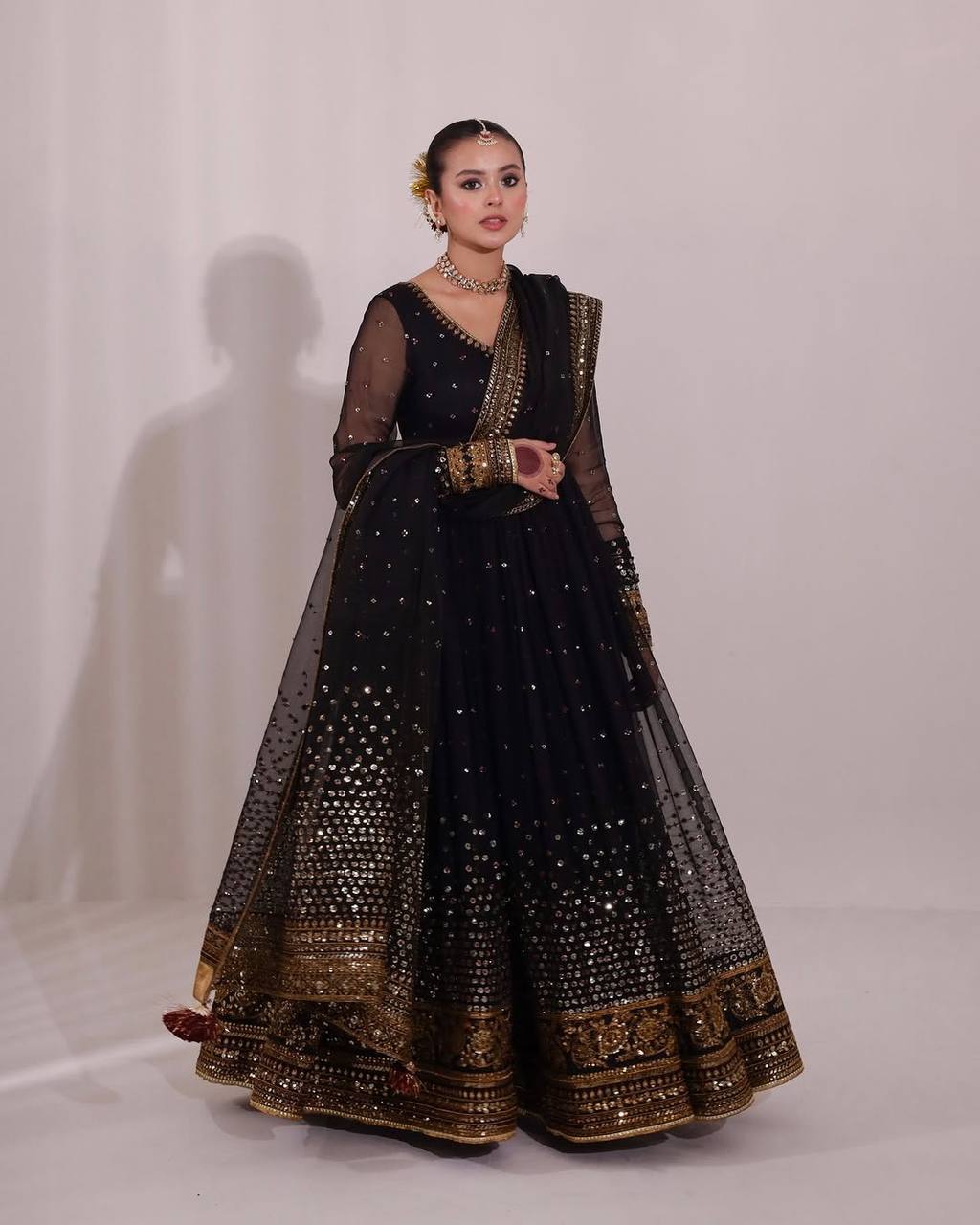 Women's Butterfly Net Embroidered Anarkali Set with Pant and Dupatta