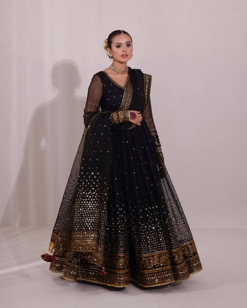 Women's Butterfly Net Embroidered Anarkali Set with Pant and Dupatta