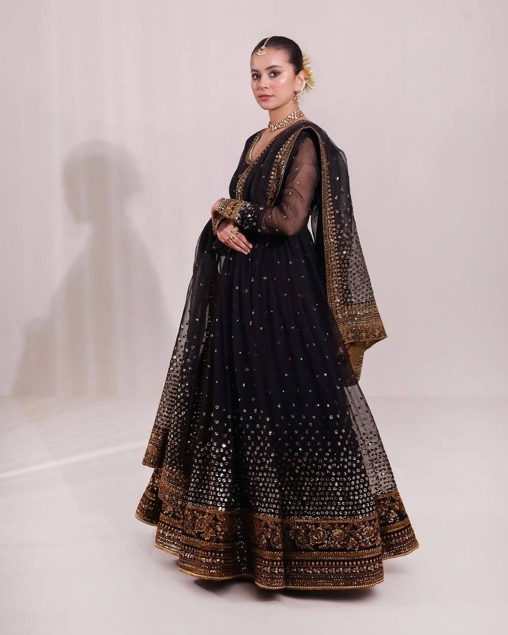 Women's Butterfly Net Embroidered Anarkali Set with Pant and Dupatta