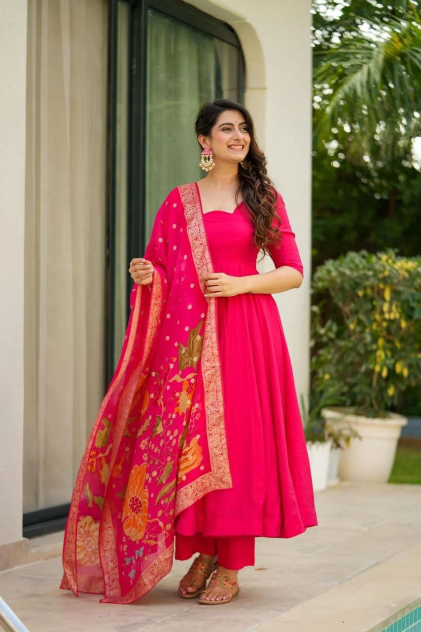 Pure Chinon Anarkali Suit with Digital Printed Dupatta & Butter Cotton Palazzo