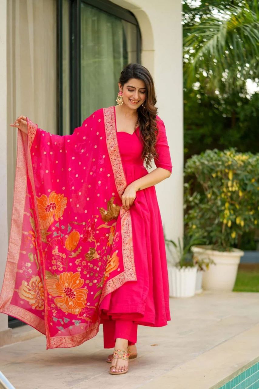 Pure Chinon Anarkali Suit with Digital Printed Dupatta & Butter Cotton Palazzo