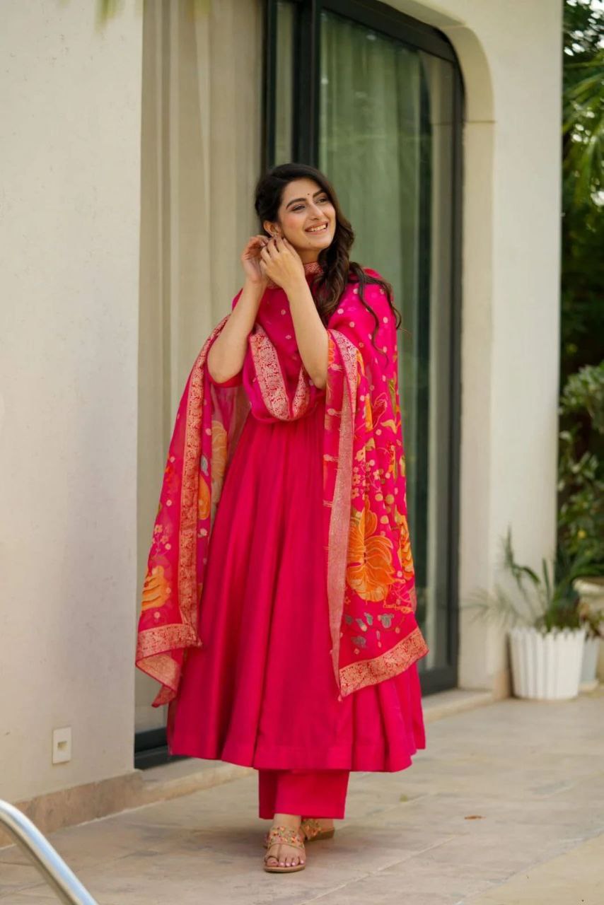 Pure Chinon Anarkali Suit with Digital Printed Dupatta & Butter Cotton Palazzo