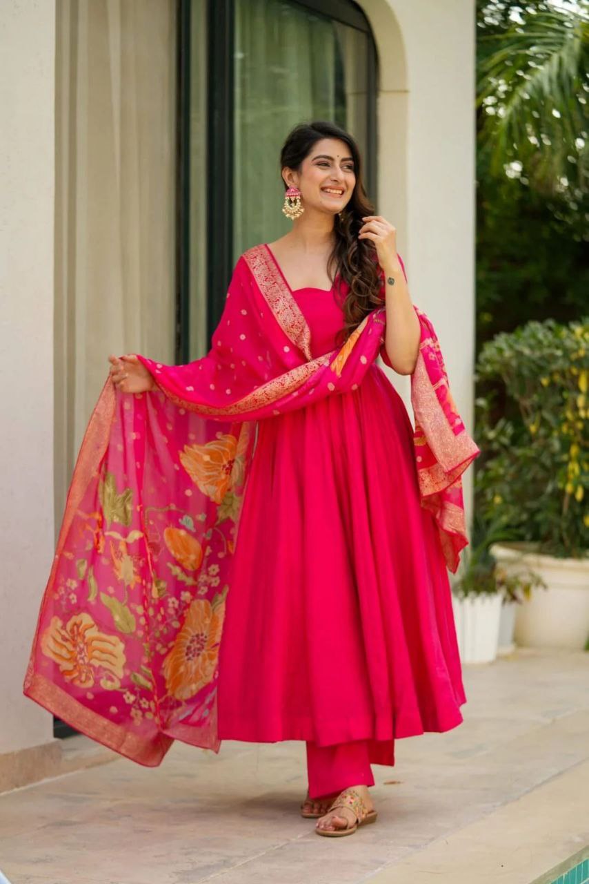 Pure Chinon Anarkali Suit with Digital Printed Dupatta & Butter Cotton Palazzo
