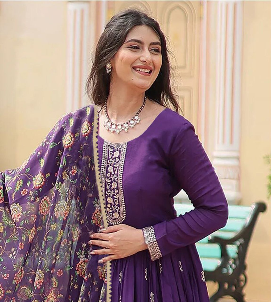 Women's Purple Embroidered Georgette Anarkali Gown with Lace Border Dupatta