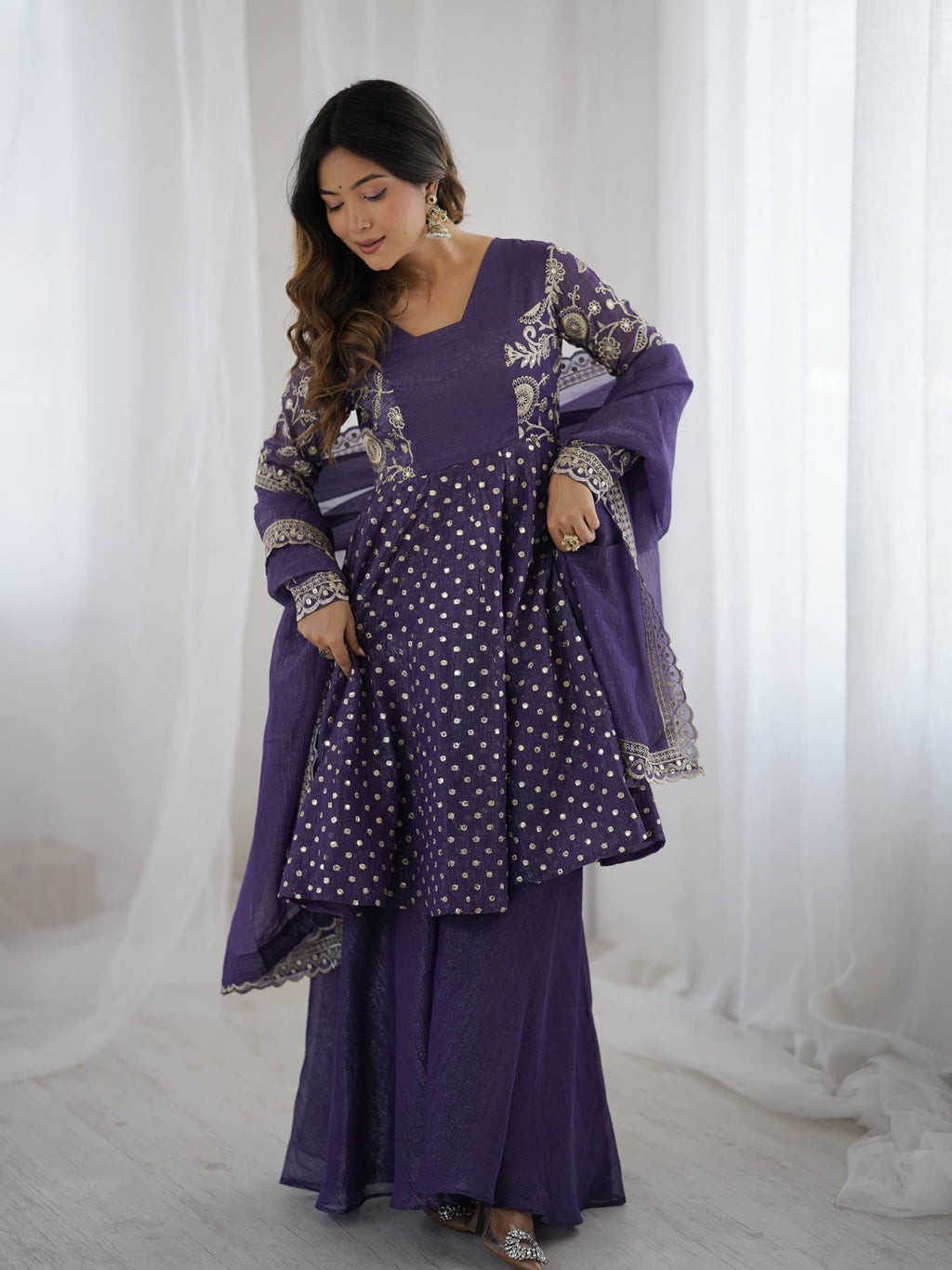 Women's Crunchy Silk Embroidered Sharara Palazzo Set with Dupatta