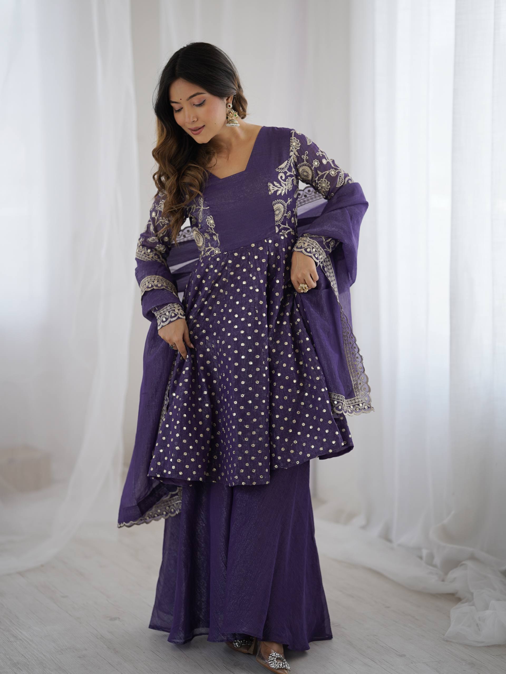 Women's Crunchy Silk Embroidered Sharara Palazzo Set with Dupatta