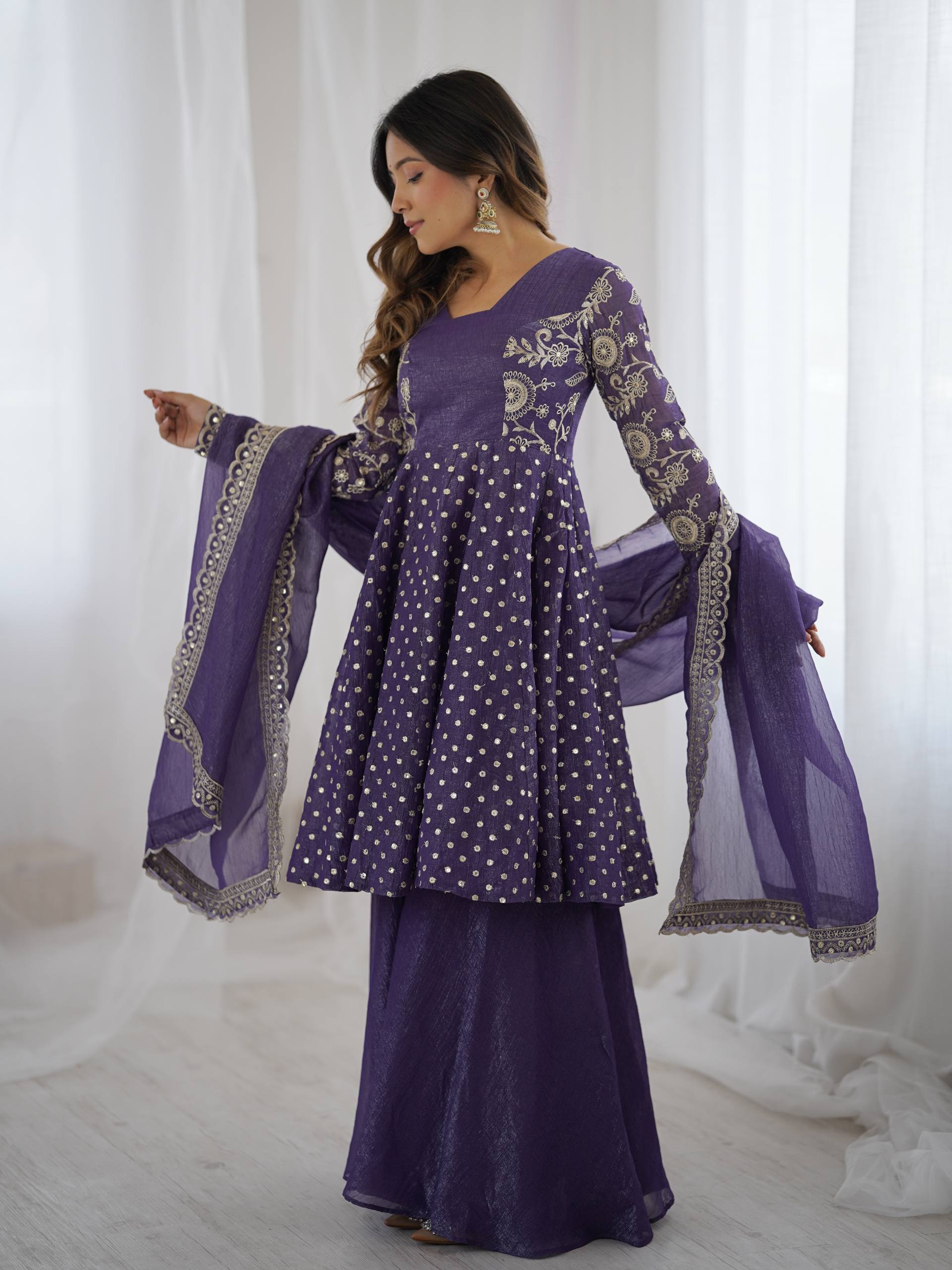 Women's Crunchy Silk Embroidered Sharara Palazzo Set with Dupatta