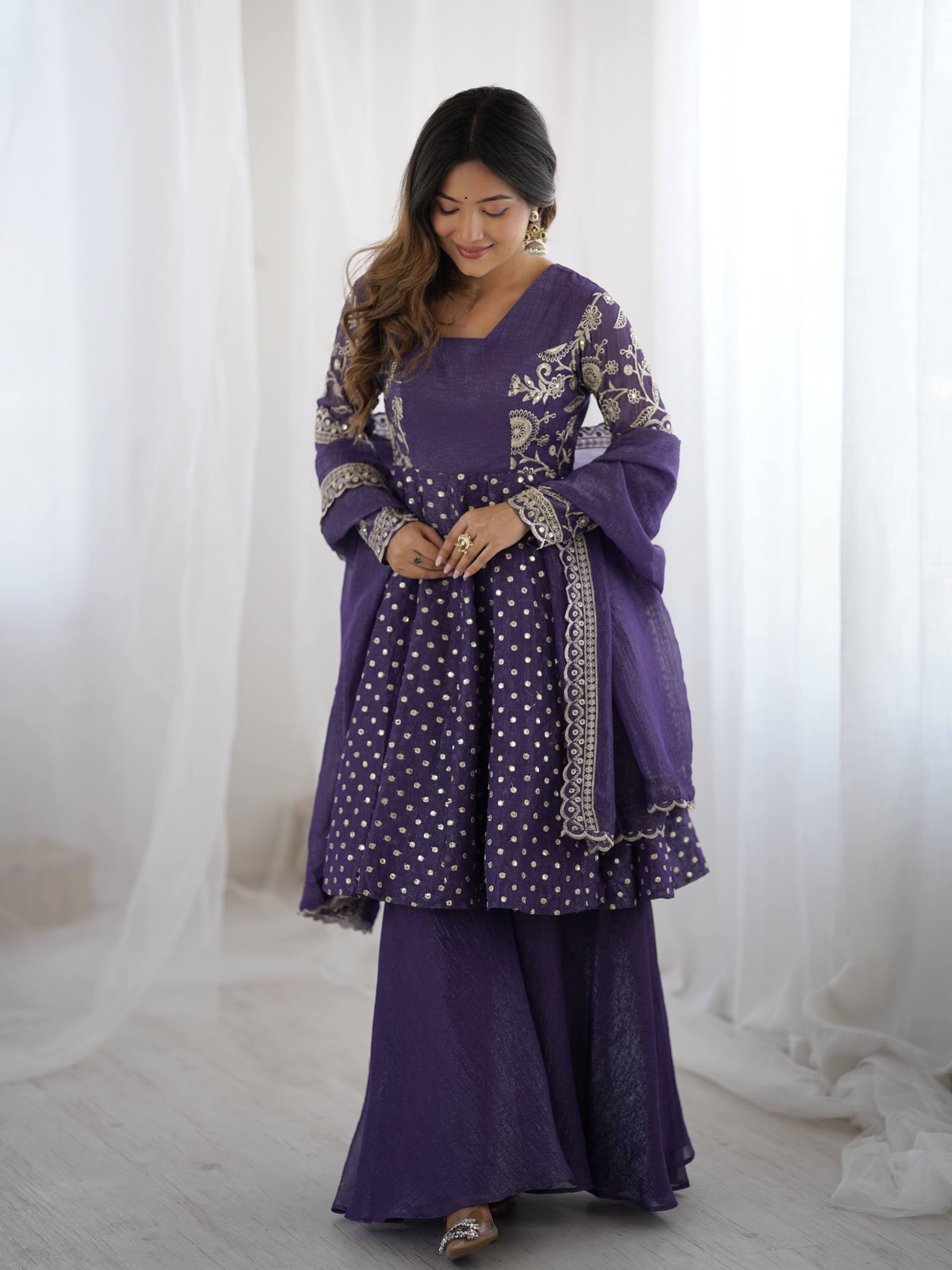 Women's Crunchy Silk Embroidered Sharara Palazzo Set with Dupatta