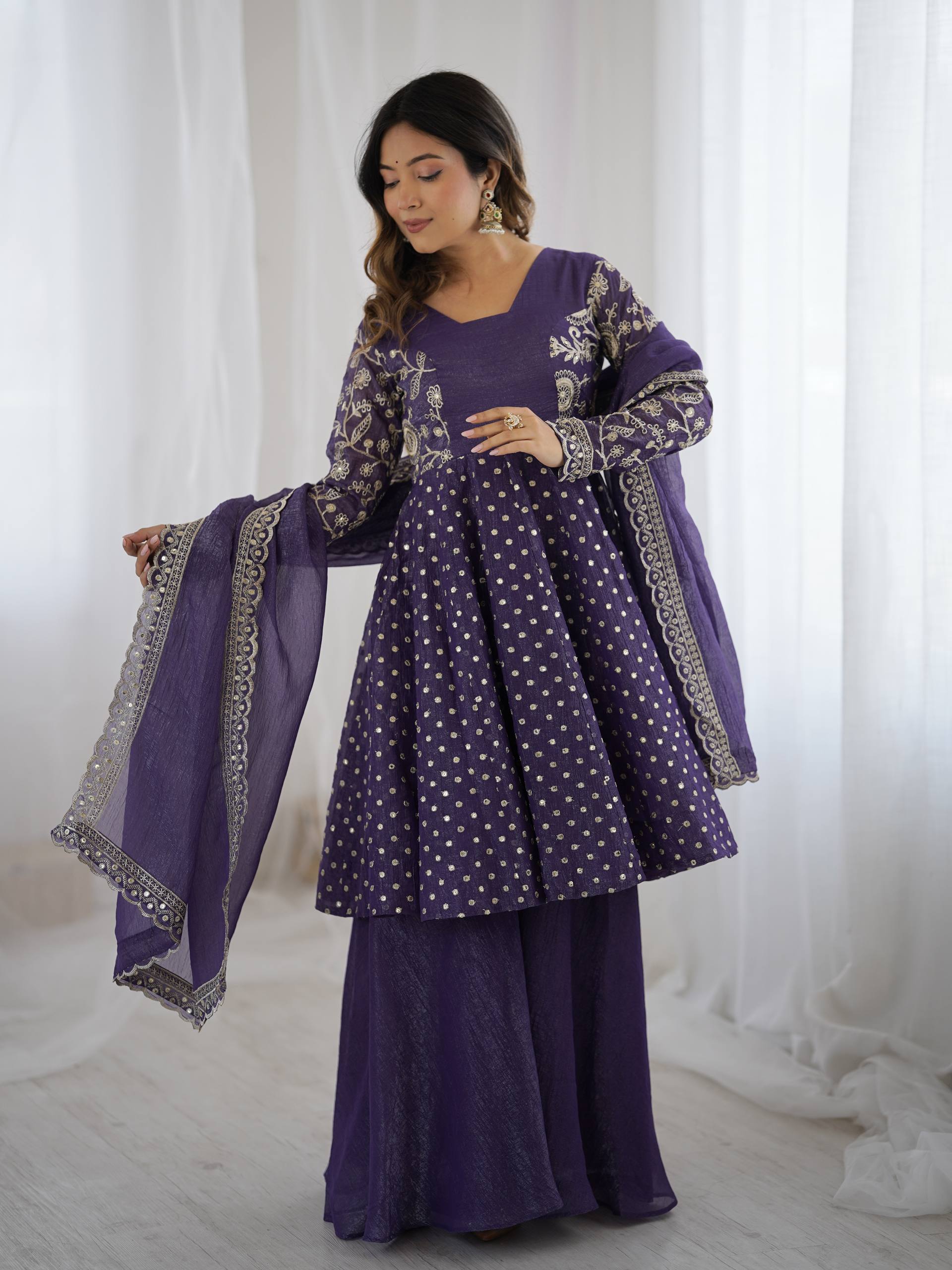 Women's Crunchy Silk Embroidered Sharara Palazzo Set with Dupatta