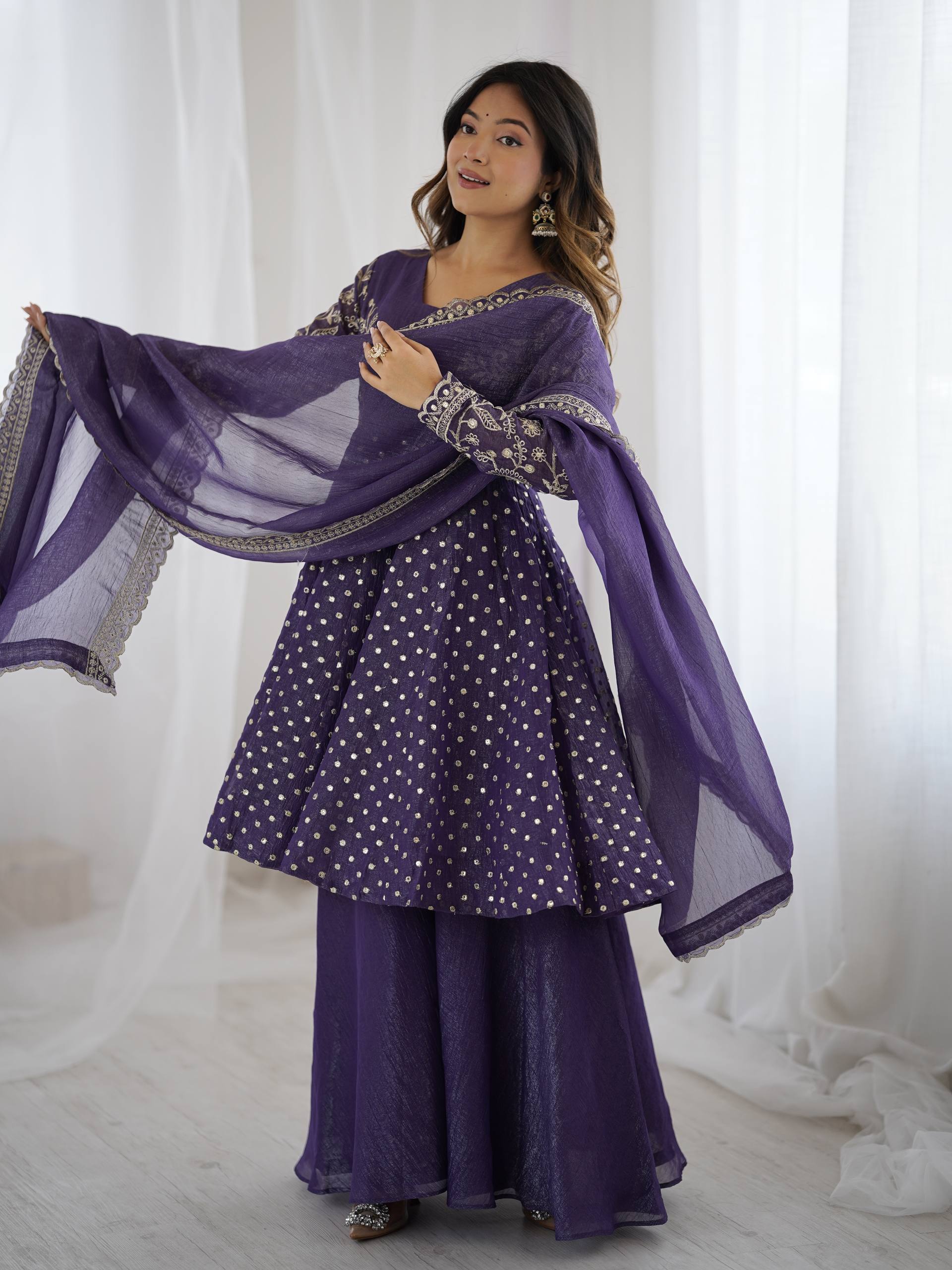 Women's Crunchy Silk Embroidered Sharara Palazzo Set with Dupatta