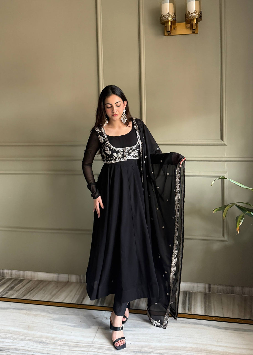 Women's Fox Georgette Anarkali Gown with Lace Work Dupatta