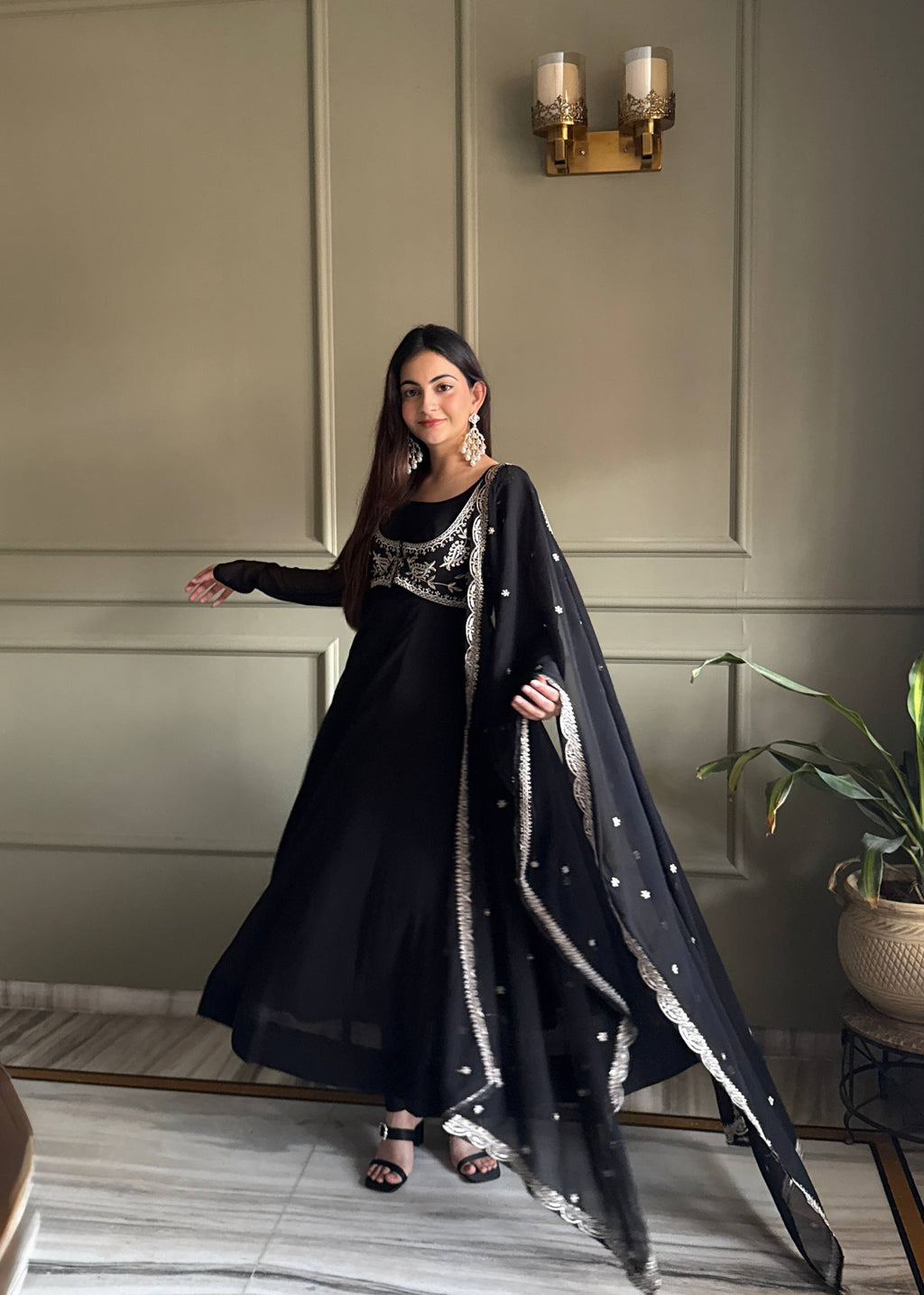 Women's Fox Georgette Anarkali Gown with Lace Work Dupatta